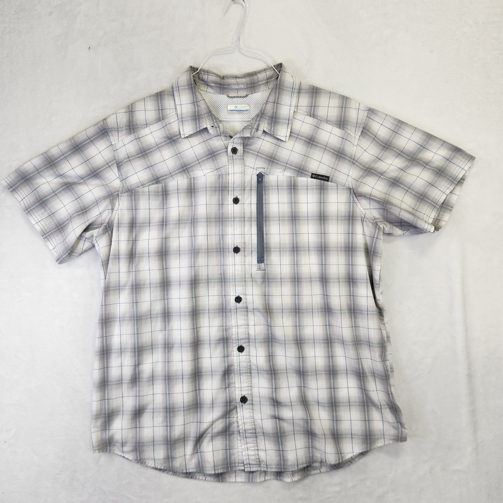 Columbia Mens Slim‎ Fit Plaid Short Sleeve Hiking Shirt Grey White XL Zip Pocket